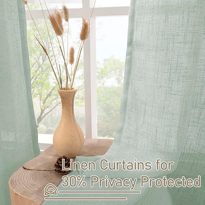 LAMIT Light Sage Linen Curtains 90 Inch for Bedroom, Bronze Grommet Linen Textured Semi Sheer Curtains Light Filtering Drapes for Living Room/Farmhouse, 2 Panels, 52 x 90 Inch
