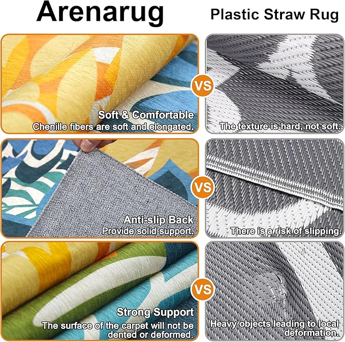 Indoor Outdoor Area Rug Washable Multicolored Patio Rug Tropical Botanical Modern Floral Indoor Outdoor Carpet Non Slip Yellow Green Rug Non Shedding for Patio, Deck, Backyard, Porch (8x10)