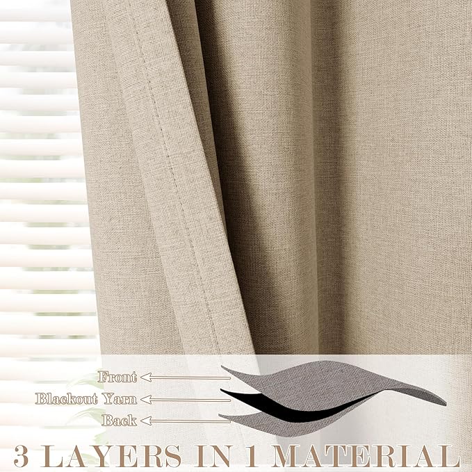 70" W x 108" L Faux Linen Room Divider Curtains, Full Blackout Pinch Pleated Drapes for Traverse Rod, Bedroom Divider Privacy Drapery with Hooks for Ceiling Track, 1 Panel, Sand Beige