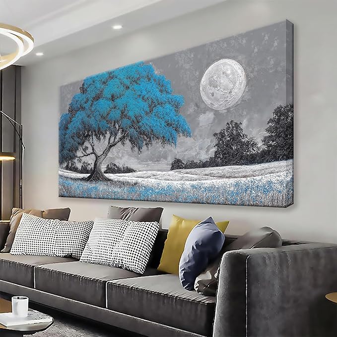 TAIJXAGSG Wall Art Blue Tree Moon Picture Canvas Art Wall Decor Artwork Abstract Canvas Print Painting Nature For Living Room Bedroom Bathroom Office Home Wall Decor 29"X 58"Can Be Hung Directly