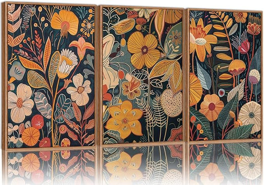 SIGNINART Boho Botanical Framed Canvas Wall Art Set of 3, Mid Century Modern Wall Decor, Burnt Orange Floral Artwork, Neutral Flower Plant Art Prints for Bedroom Living Room Office 24"x36"x3
