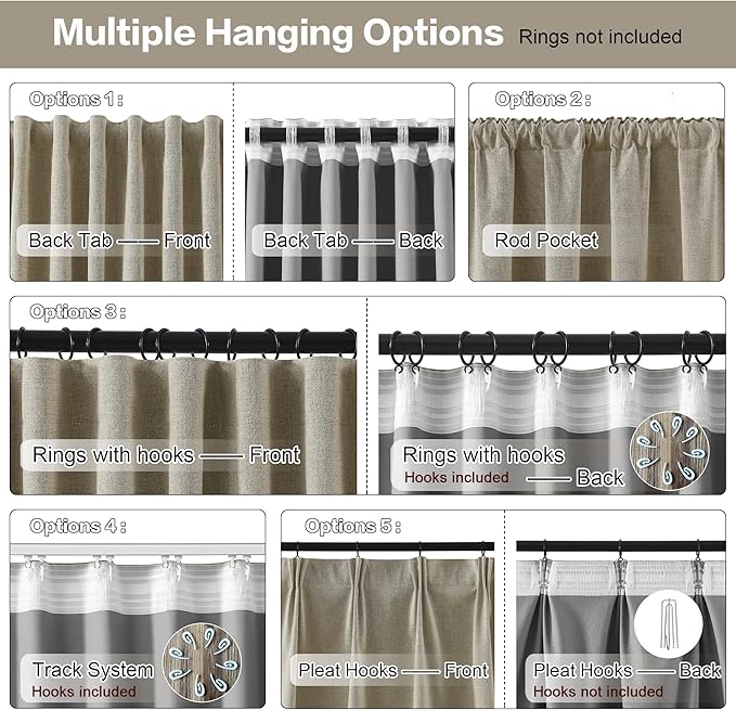 RAIN CITY Taupe Blackout Linen Blend Curtains 2 Panels,70 Wide Back Tab Pinch Pleated Look Window Drapes with Hooks,Track System Curtain Panels for Sliding Door Modern Farmhouse 70x96 Inch 70x8ft