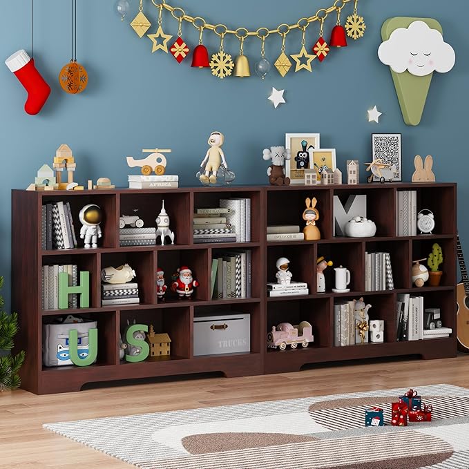 Book Shelf Set of 2, 10 Cubes Storage Organizer, 3-Tier Open Shelf Wooden Bookcase, Freestanding Cherry Bookshelf Cube Shelf for Bedroom, Living Room, Home Office