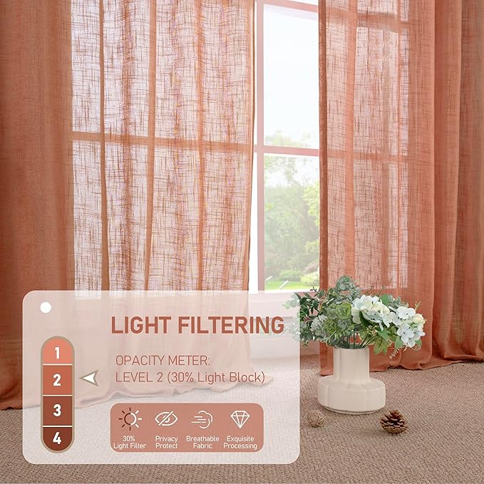 LAMIT Terracotta Linen Curtains 84 Inch Length 2 Panels for Living Room, Light Filtering Boho Window Treatments Semi Sheer Neutral Thick Drapes with Bronze Grommet for Bedroom/Farmhouse, 52 X 84 Inch