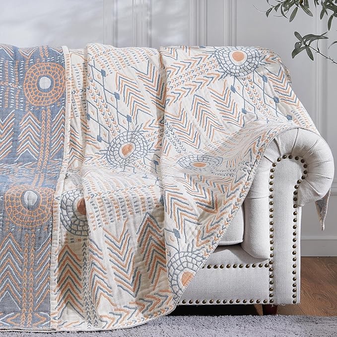 jinchan Boho 100% Cotton Muslin Queen Size 80x90 Throw Blanket Lightweight 4-Layer Orange Reversible Blanket Washable Breathable Geometric Striped Pattern Soft Comfy for Couch Bed Decor All Seasons