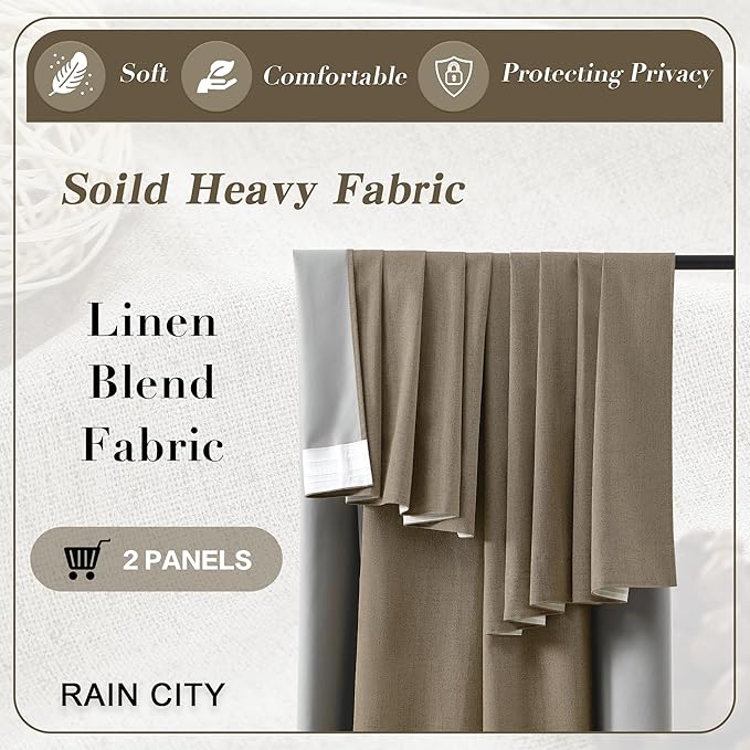 RAIN CITY Linen Brown Blackout Curtains 144 Inch Long 12ft Pleated Look Hidden Tab Drapes with Hooks 2 Story Linen Blend Sound Reducing Wall Tall Curtains for High Ceiling Long Window W50xL144