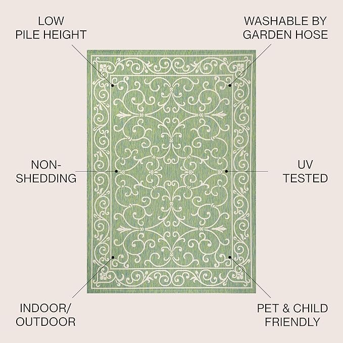 JONATHAN Y Vintage Filigree Indoor Outdoor Area Rug 8X10 Green/Ivory, Charleston Textured Weave for Backyard, Patio, Porch, Easy-Cleaning, High Traffic, Pet-Friendly, Non-Shedding (SMB106K-8)