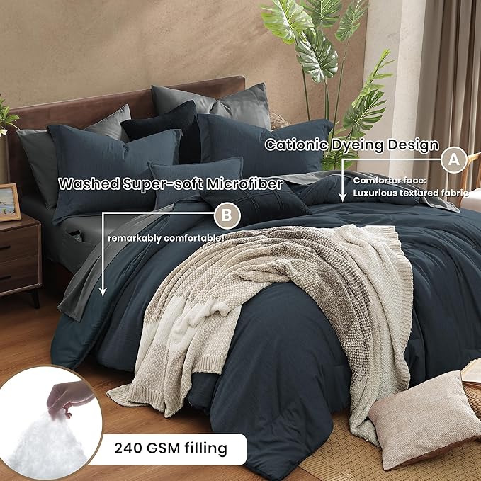 Monbix King Size Comforter Set, Navy Blue King Size Bed Set Reversible, King Comforter Set 7 Pieces, Cationic Dyeing Bed in a Bag with Comforter, Sheets, Pillowcases & Shams