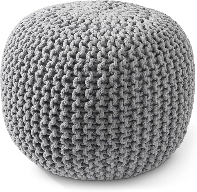 Casafield Round Pouf Ottoman, Light Gray - 20" Diameter x 14.5" High Cotton Knit Foot Stool - Boho Floor Pouffe for Living Room, Bedroom, Home Office