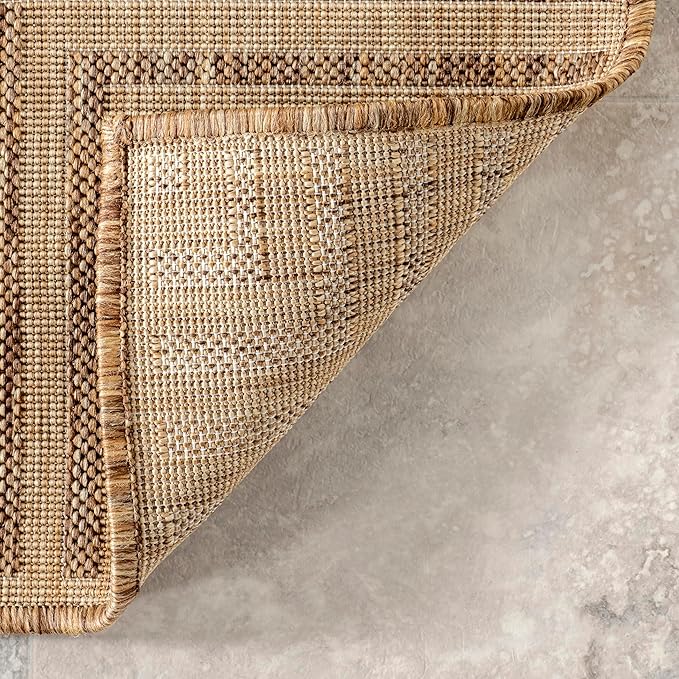 nuLOOM 6'7" Round Outdoor Area Rug, Casual Design With Striped Border, Stain Resistant, Highly Durable, For Patio, Balcony, Bedroom, Living Room, Dining Room, Bathroom, Light Brown