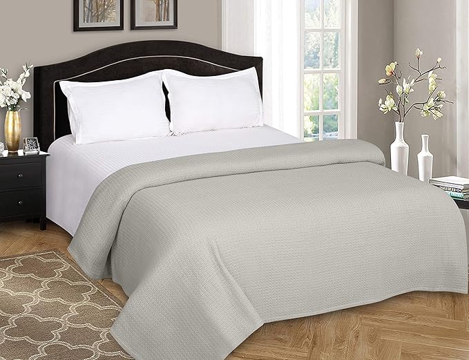 BELIZZI HOME 100% Cotton Bed Blanket, Breathable Bed Blanket Full Queen Size, Cotton Thermal Blankets Full Queen, Perfect for Layering Any Bed for All Season, Light Grey