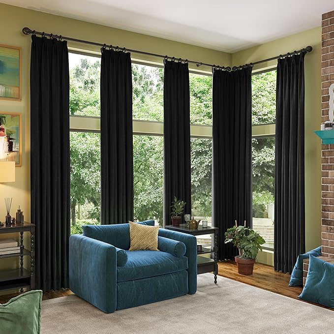 RAIN CITY Black Blackout Curtains 100 Inches Long, Custom Made Textured Linen Black Out Pleated Look Curtains with Hooks Window Drapes for Bedroom Living Room-50x100-inch 2 Panels Set