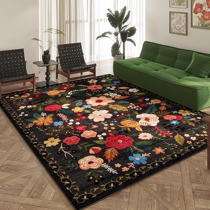 Area Rugs 9x12 Living Room Clearance Washable Boho Rug Non Slip Floral Vintage Low Pile Large Rug for Living Room, Bedroom, Farmhouse, Dining Room, Kids Playroom(Black)