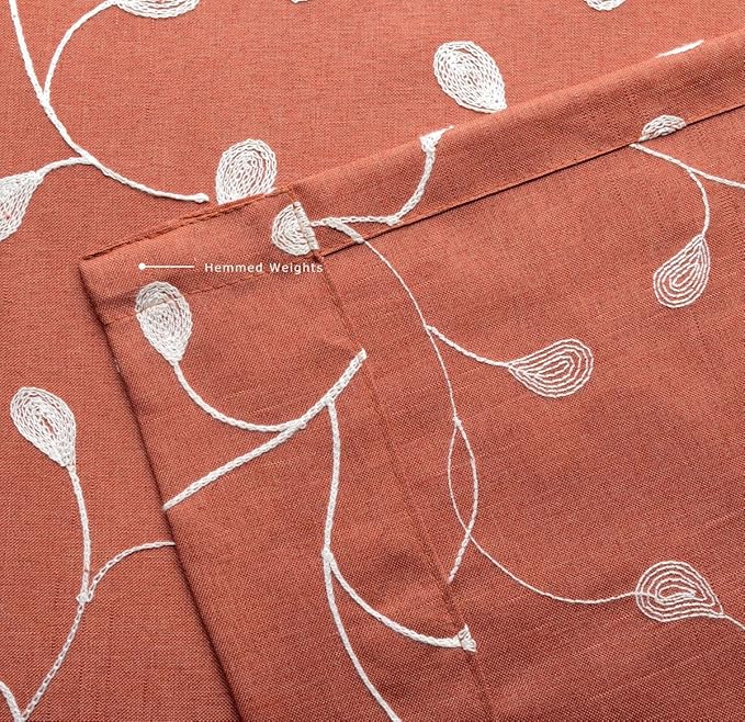 MIUCO Floral Embroidered Semi Sheer Curtains Faux Linen Grommet Window Curtains for Girls Room 52 x 63 Inch 2 Panels, Rust