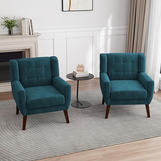 UIXE Accent Chairs Set of 2, Velvet Upholstered Armchair for Living Room, Modern Club Arm Chairs Comfy Single Sofa Button Tufted Bedroom Reading Seat - Blue