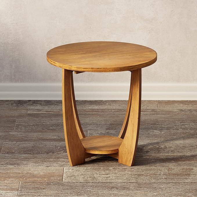 Rustic Farmhouse End Table with Storage Shelf, French Country Accent Side for Family, Dinning or Living Room, Small Spaces, Modern, Round, Vintage Caramel Brown Finish