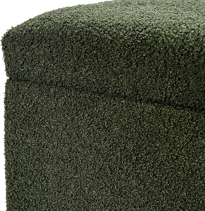 Adeco 17 Inch Soft Dark Green Cube Ottoman Storage, Teddy Velvet Chair Foot Stools, Upholstered Vanity Stool with Hinged Lid, Solid Round Wood Legs