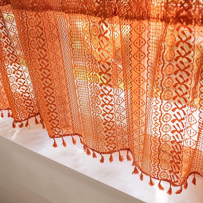 Sutuo Home Terracotta Boho Valance Short Curtains Crochet Lace Sheer Bohemian Hollow Knitted with Tassels, Privacy Vintage Rustic Farmhouse Drapes for Kitchen, Rod Pocket 1 Panel 59" W x 36" L, Orange