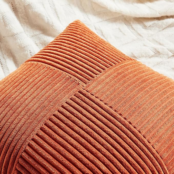 Fancy Homi Set of 2 Burnt Orange Decorative Throw Pillow Covers 26x26 Inch for Living Room Couch Bed, Boho Farmhouse Fall Home Decor, Soft Corss Corduroy Patchwork Textured Cushion Case 66x66 cm