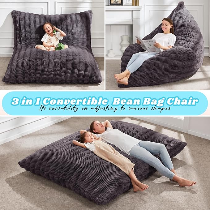 Hobestluk 3 in 1 Bean Bag Chair Giant Bean Bag Chairs for Adults with Ripple Cover Convertible Bean Bag Floor Cushion with Machine Washable Cover for Living Room (Ripple Dark Grey)