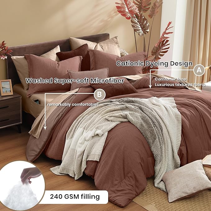 Monbix Full Size Comforter Set, Terracotta Bedding Comforter for Full Size Bed Set Reversible, Bedding Sets Full 7 Pieces, Cationic Dyeing Bed in a Bag with Comforter, Sheets, Pillowcases & Shams