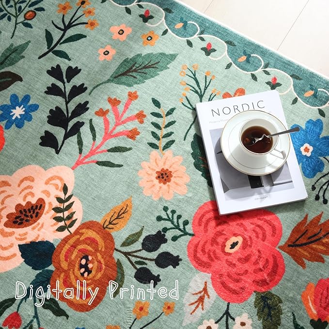 Bedroom Rug 3x5 Rug Washable Area Rug Non Slip Low Pile Boho Floral Small Carpet for Bedroom, Bedside, Kitchen, Entryway, Kids Room, Office, College Dorm Essentials for Girls(Green)