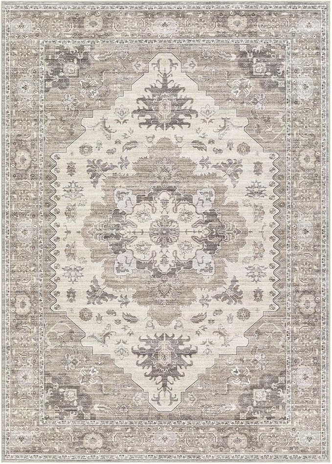 Washable Area Rugs for Living Room -10x13 Neutral Vintage Distressed Floral Farmhouse Boho Large Soft Floor Rug Indoor Non Slip Carpet for Living Room Bedroom Dining Room Office-Brown/Beige