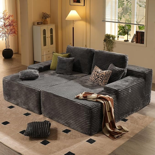ovios 81" Oversized Sectional Double Lounge Chaise with Cloud Plush Sofa Bed, No Assembly Required, Fluffy Modern Sleeper Loveseat Chair for Indoor Living Room Bedroom Reading, Grey (Plush Fabric)
