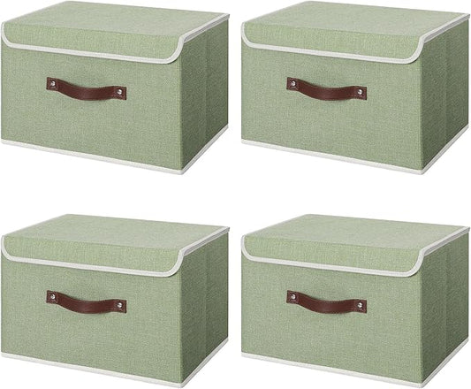 ANMINY 4PCS Storage Bins with Lid PU Leather Handles Storage Boxes PP Plastic Board Decorative Foldable Lidded Cotton Linen Fabric Home Cubes Baskets Closet Organizer Containers - Green, Large Size