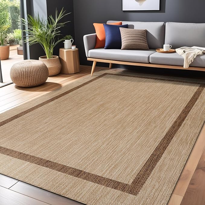 Bordered Outdoor Rug 10x14 Washable Outside Carpet for Indoor Patio Porch Waterproof Easy Cleaning Non Shedding Area Rugs Jute Beige - Nut Brown 10 x 14