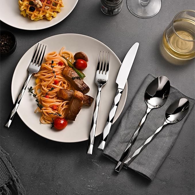 KINGSTONE Silverware Set, Luxury 60 Piece Flatware Set for 12, 18/10 Stainless Steel Cutlery Set with Diamond Cut Pattern for Kitchen, Home, Wedding, Party, Mirror Polished and Dishwasher Safe