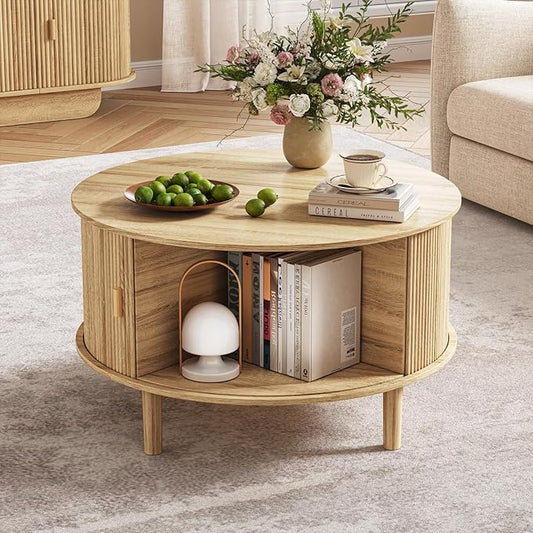 Round Coffee Table with Storage,Fluted Table with 360°Curved Sliding Doors,Solid Wood Legs, Mid Century Modern Center Table for Living Room,Apartment, Home Office,Oak,Natural