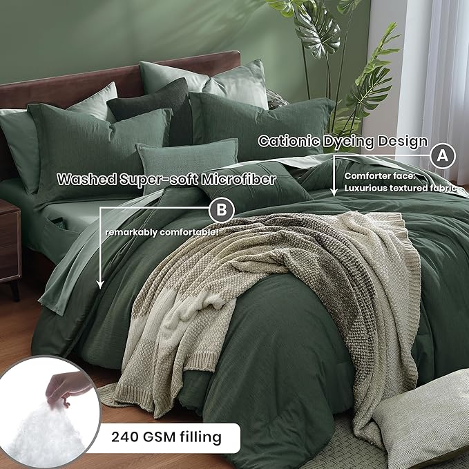 Monbix Queen Comforter Set - 7 Pieces Cationic Dyeing Deep Forest Bed in a Bag Queen Bedding Sets with Comforter, Sheets, Pillowcases & Shams, Reversible Bedding Comforters Sets