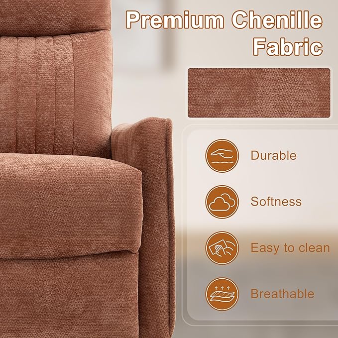 Manual Swivel Rocker Recliner Chair for Adults, Overstuffed Reclining Glider Chair for Nursing with Vibration Massage & Heat, Living Room Rocking Recliner 2-Stage backrest, Chenille Fabric Orange