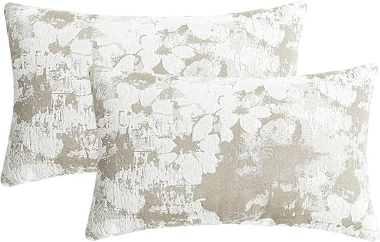 Jacquard Throw Pillow Covers 12x20 Inch Set of 2 - Vintage Floral Boho Pillow Cases with Botanical Pattern | Farmhouse Decor for Couch | Soft Textured Neutral Trio Light Khaki Warm Beige 12" x 20"