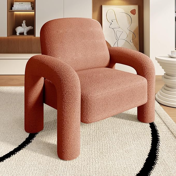 Modern Sherpa Accent Chair, Teddy Upholstered Arm Single Sofa, Cozy Fluffy Reading Chair for Living Room, Bedrooms, Corner (Orange)