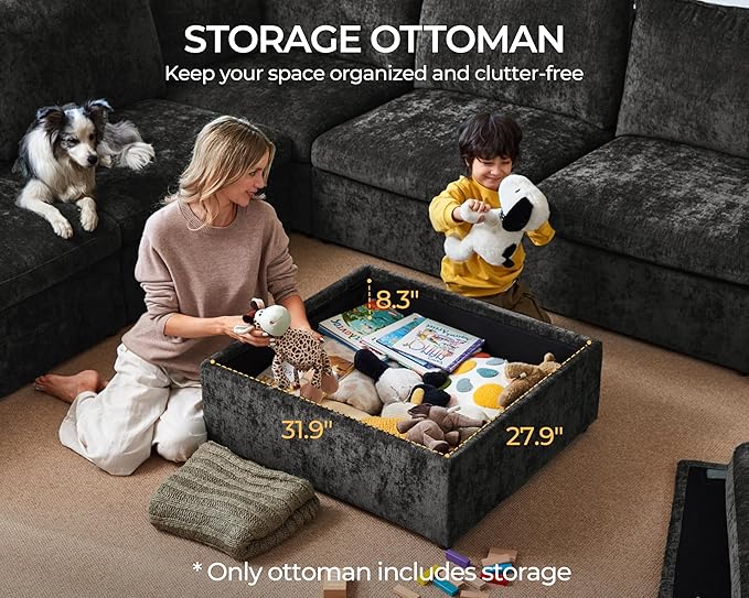 Oversized Modular Sofa Comfy Cloud Couch with Storage, Extra Deep Plush Sectional Sofa Set for Living Room, Covers Washable, Chenille, Olar (Black, 8-Seater with Corner & 2 Ottomans, u-Shaped)