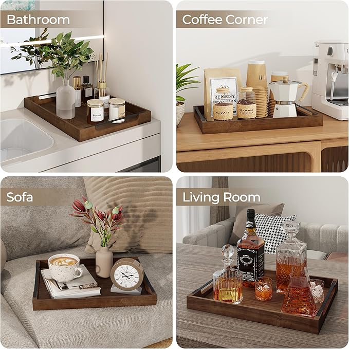Axeman Wooden Serving Tray with Metal Handles|Ottoman Tray for Breakfast, Bed, Couch|17x13in Ash Wood Coffee Table Trays|Food Drinks Decorative Storage Boards for Ottoman Kitchen, Walnut