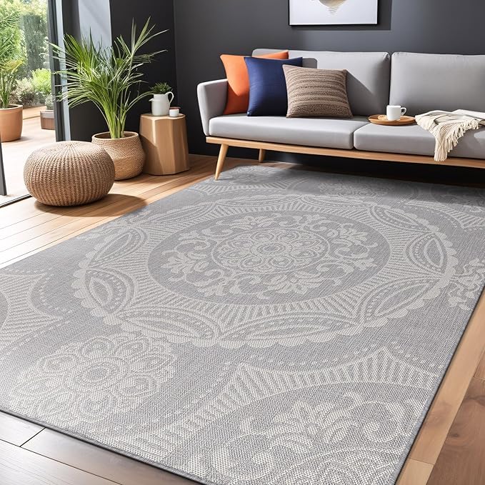 Medallion Outdoor Rug 10x14 Washable Outside Carpet for Indoor Patio Porch Waterproof Easy Cleaning Non Shedding Area Rugs Gray 10 x 14
