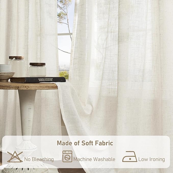 LAMIT Natural Linen Curtains 84 Inches Long for Living Room, Bronze Grommet Cream Ivory Light Filtering Window Treatments Semi Sheer Neutral Drapes for Bedroom, 60 x 84 Inch 2 Panels Set