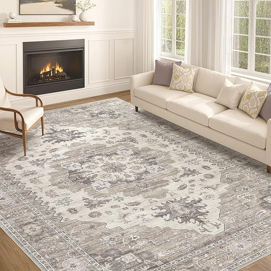 Washable Area Rugs for Living Room -10x13 Neutral Vintage Distressed Floral Farmhouse Boho Large Soft Floor Rug Indoor Non Slip Carpet for Living Room Bedroom Dining Room Office-Brown/Beige
