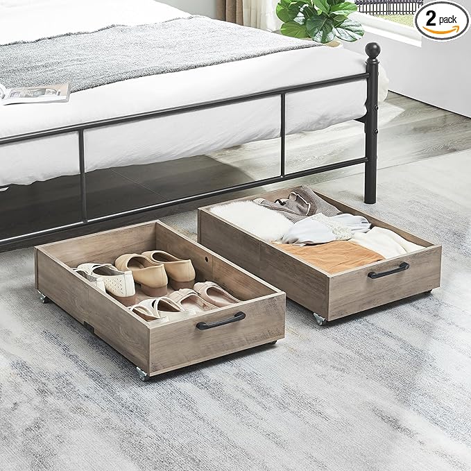 Under Bed Storage with Wheels, 2-Pack Under Bed Shoe Storage Organizer Drawer, Composite Wood Organizer for Shoes Clothes Containers in Bedroom for Clothes,Shoes(Grey)