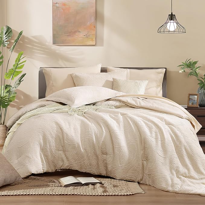Monbix Full Size Comforter Set, Birch Marble Pattern Bedding Comforter for Full Size Bed Set, Reversible Bedding Sets 7 Pieces, Bed in a Bag with Comforter, Sheets, Pillowcases & Shams