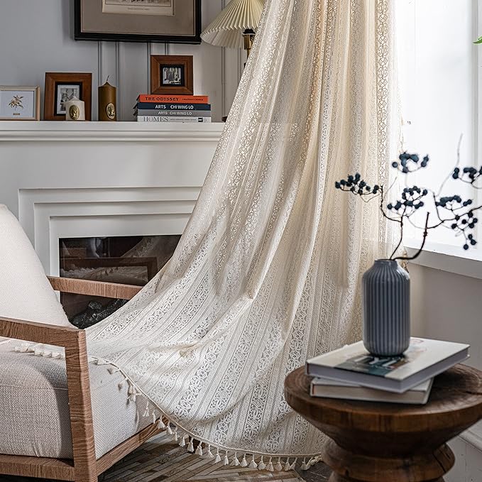 Sutuo Home Boho Curtain Crochet Lace Semi-Sheer Florals Hollow Knitted Handmade Tassels, Rod Pocket Window Treatment Vintage Rustic Farmhouse Drapes for Living Bedroom, 1 Panel 59" W x 63" L, Beige