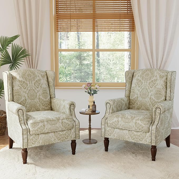 Lumibee Wingback Accent Chair, 2 Set High Back Floral Armchairs in Fabric,Comfy Upholstered Reading Single Sofa Chairs with Solid Wood Legs for Living Room,Bedroom,Office-White