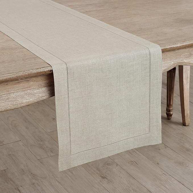 Solino Home Linen Natural Table Runner 72 Inches Long - 100% Pure Linen Hemstitch Table Runner 14 x 72 Inch for Dresser, Dining, Fall, Autumn, Halloween, Thanksgiving - Classic Hemstitch