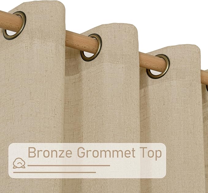 LAMIT 102 Inch Length Light Filtering Sheer Linen Curtains, Linen Textured Semi Sheer Bronze Grommet Natural Boho Drapes for Living Room/Farmhouse, 2 Panels, Brown, 52 x 102 Inch