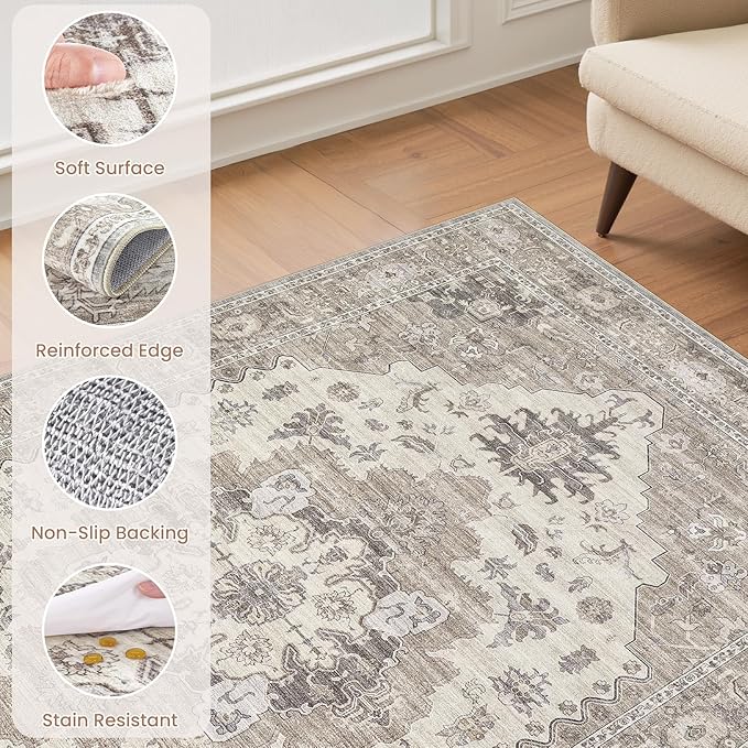 Washable Area Rugs for Living Room -7x10 Neutral Vintage Distressed Floral Farmhouse Boho Large Soft Floor Rug Indoor Non Slip Carpet for Living Room Bedroom Dining Room Office-Brown/Beige
