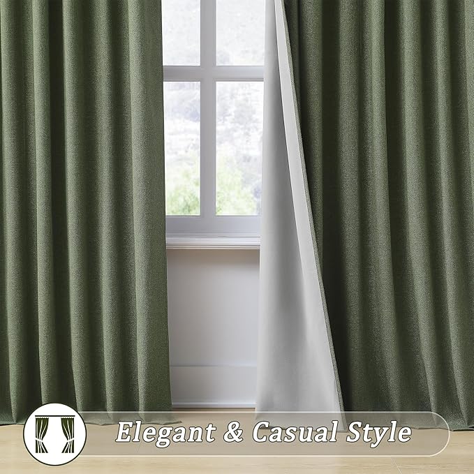 RAIN CITY Dark Olive Green Blackout Curtains 96 Inch Long with Hooks 2 Panels Set, Back Tab Drapes with Grey Backing for Track System, Modern Window Curtains for Bedroom- Loden/Olive Forest 50x96