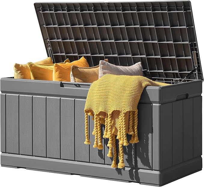 JUMMICO 83 Gallon Outdoor Deck Box Large Resin Storage Box for Patio Furniture Cushions, and Garden Tools (Gray)